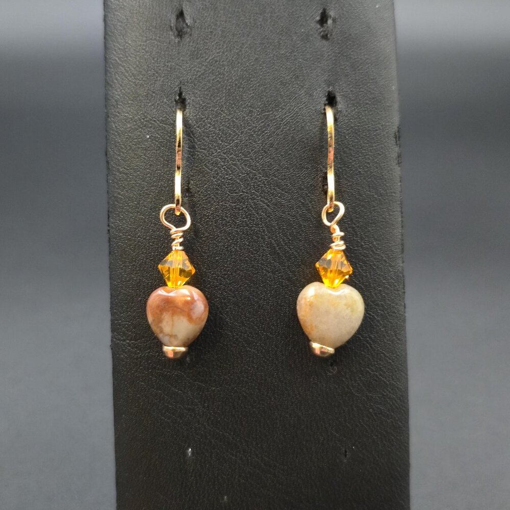Gold Plated Jasper Heart Stone Dangle Earrings A6928